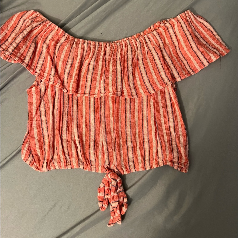 F21 Pink Striped Off The Shoulder Crop Top